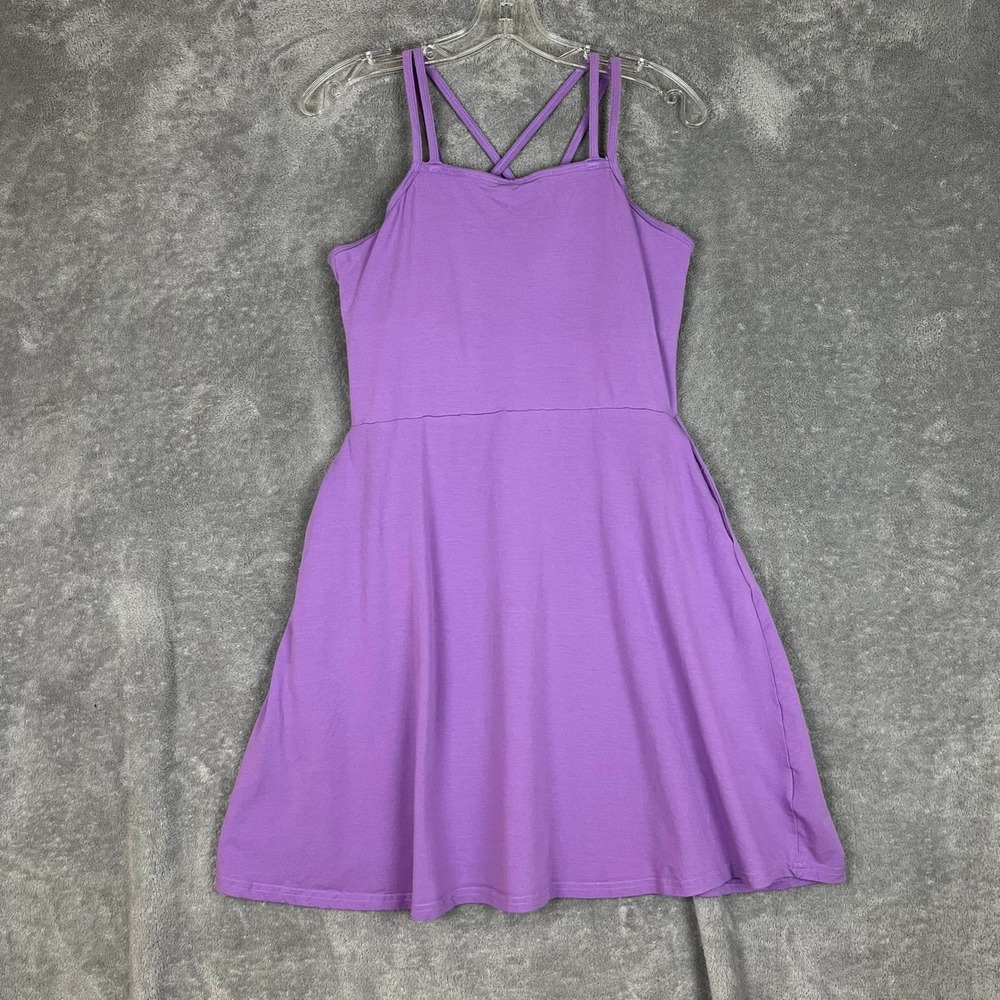 Pact Fit Flare Mini Dress Womens L Organic Cotton Purple Strappy Pockets